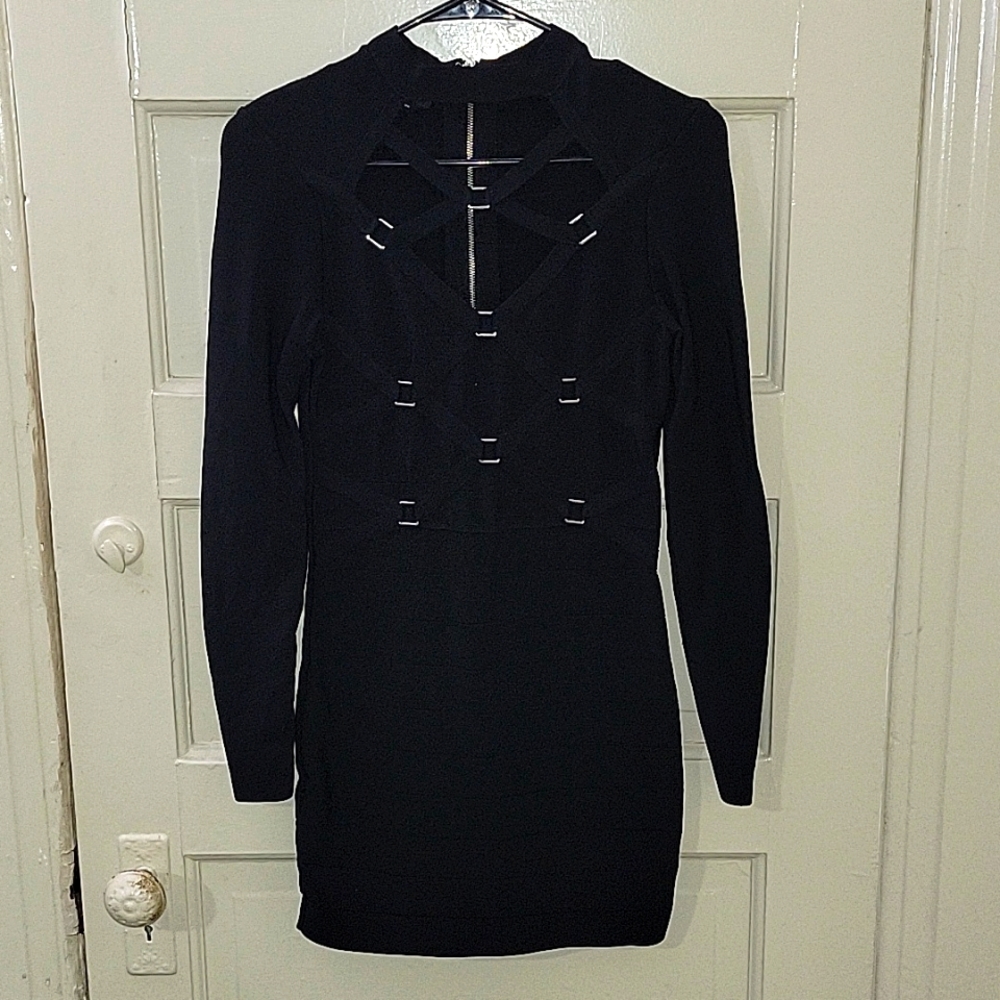 BEBE Silver Tone Long Sleeve Black Bodycon Dress